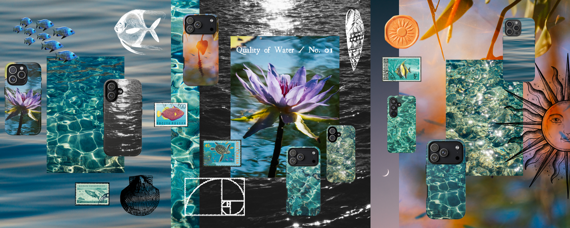 Collage of phone case designs with nature and abstract elements.